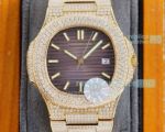 Replica Patek Philippe Nautilus Iced Out Yellow Gold Case Watch Brown Dial 